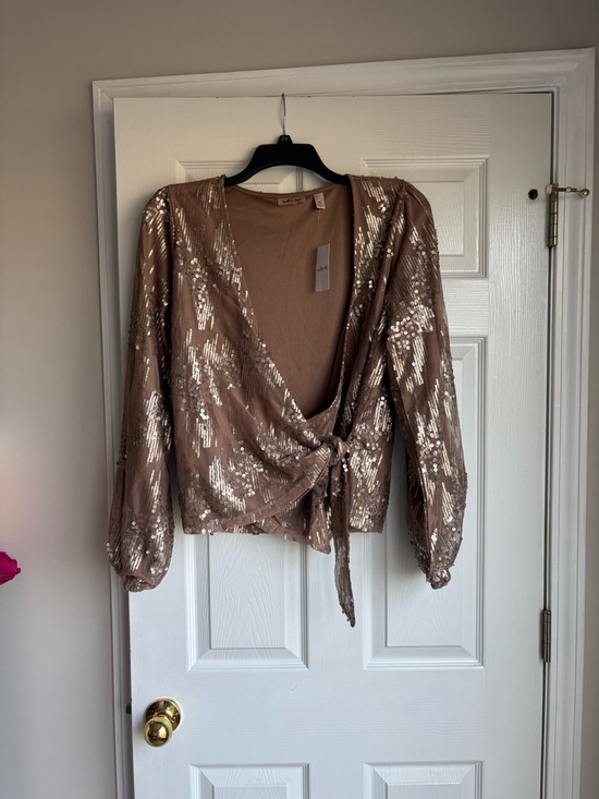 willow & root Tops - Sequin Taupe Wrap Blouse with Tie Front